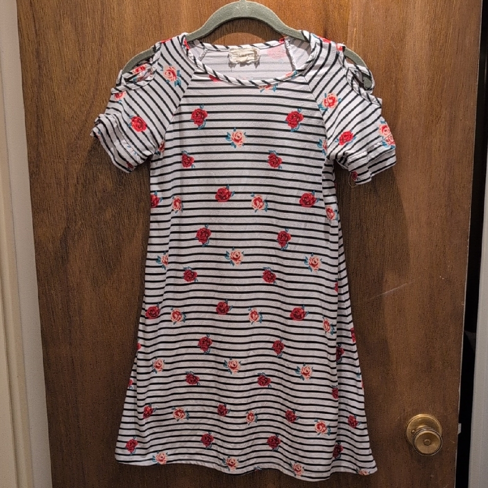 btween Black and White Striped Dress with Red Floral Accents